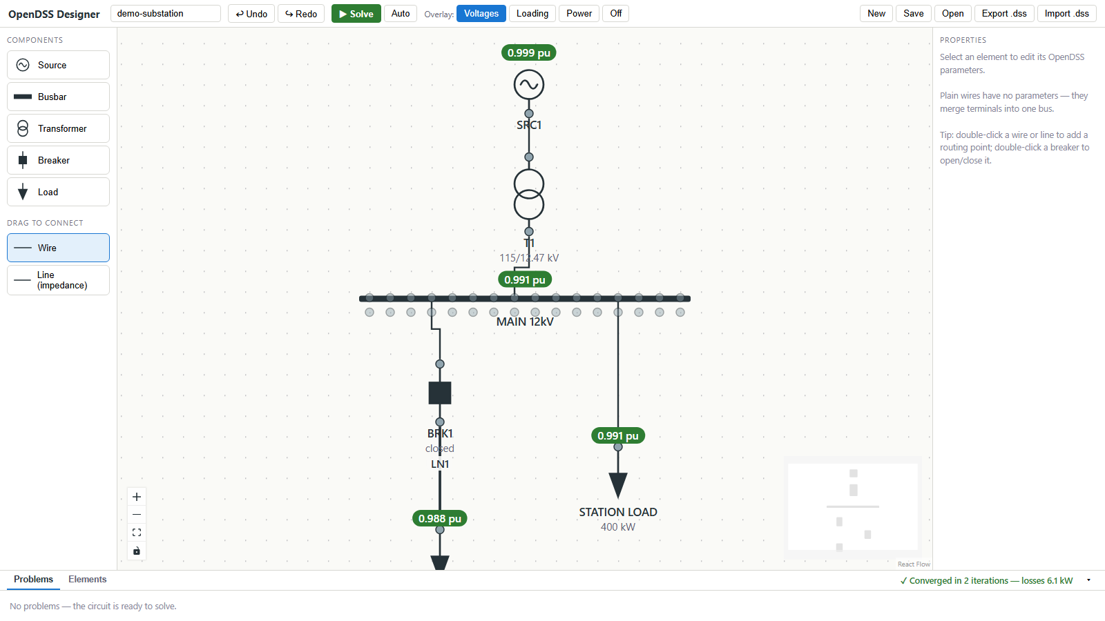 OpenDSS Designer: a solved one-line diagram with voltage and loading overlays